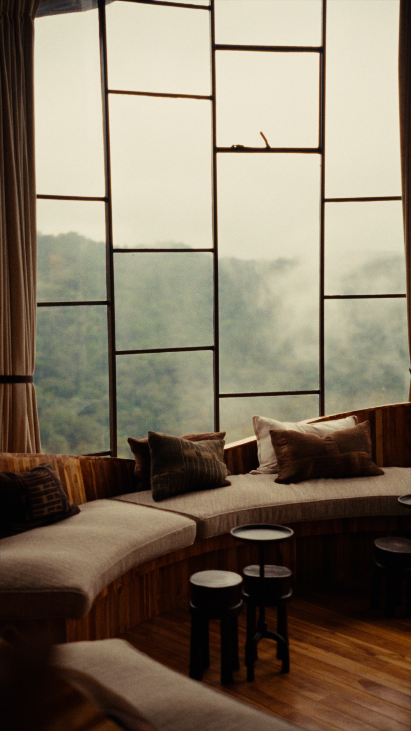 Curved seating and forest light at Erebero Hills.