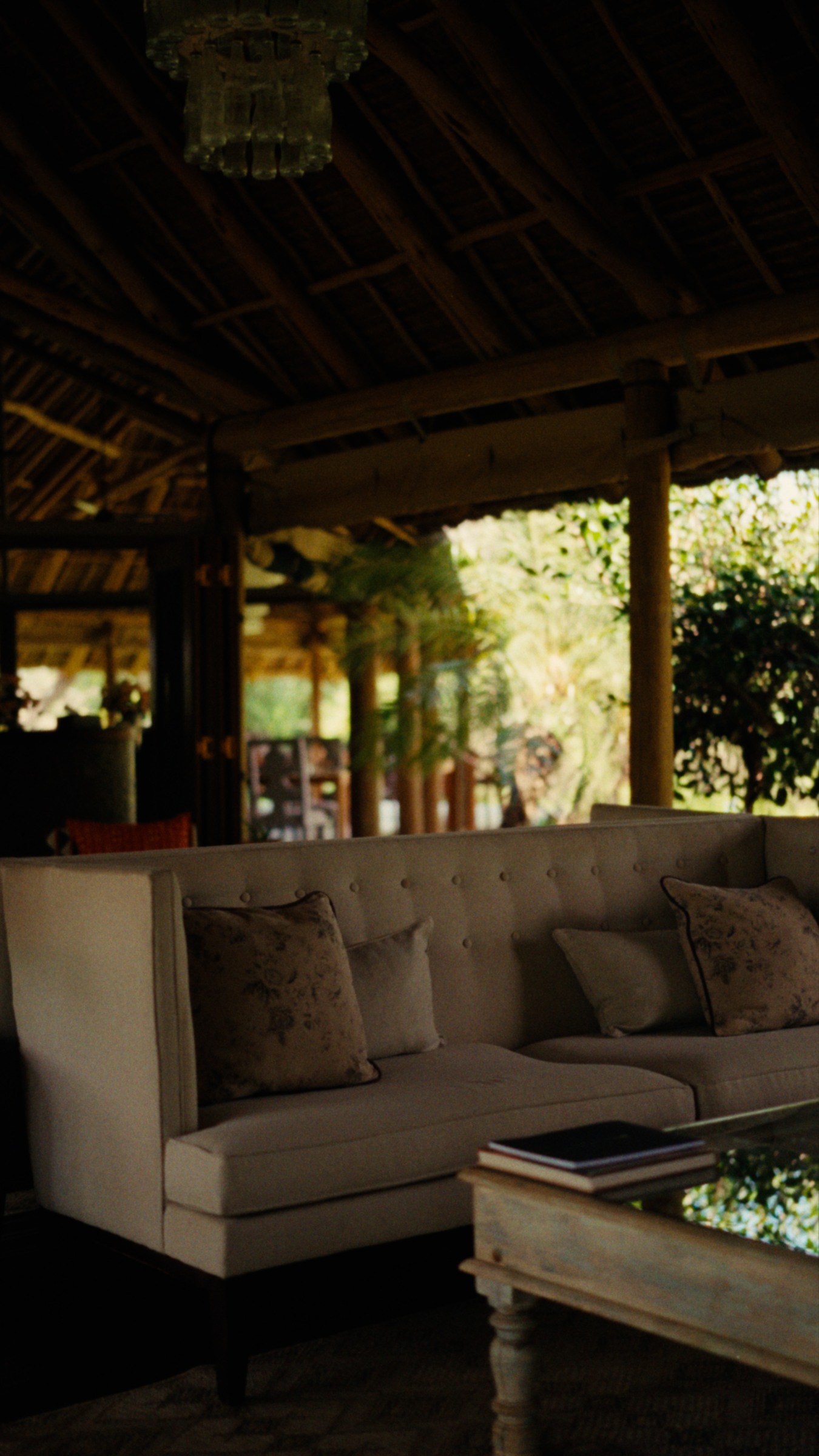 The shaded lounge looking towards the gardens at Finch Hattons.